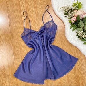 Vintage Victoria’s Secret slate blue open front sheer lace and silk babydoll